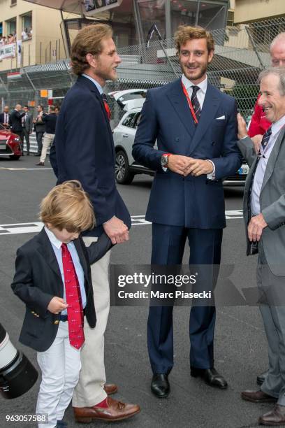 Alexandre Casiraghi, Andrea Casiraghi and Pierre Casiraghi are seen during the Monaco Formula One Grand Prix at Circuit de Monaco on May 27, 2018 in...