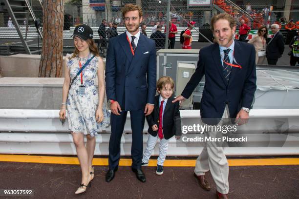 Alexandra of Hanover, Pierre Casiraghi, Alexandre Casiraghi and Andrea Casiraghi are seen during the Monaco Formula One Grand Prix at Circuit de...