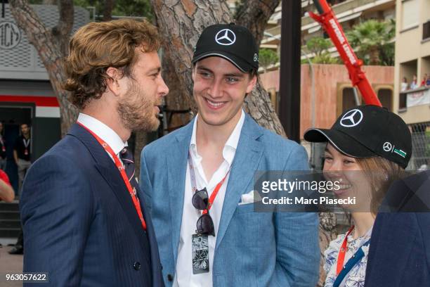 Pierre Casiraghi, Ben Sylvester Strautmann and Alexandra of Hanover are seen during the Monaco Formula One Grand Prix at Circuit de Monaco on May 27,...