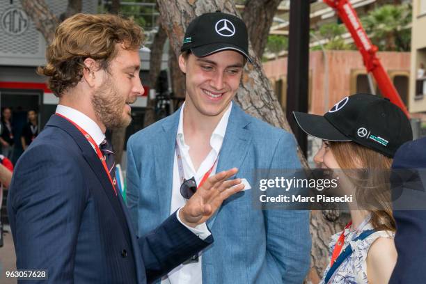 Pierre Casiraghi, Ben Sylvester Strautmann and Alexandra of Hanover are seen during the Monaco Formula One Grand Prix at Circuit de Monaco on May 27,...