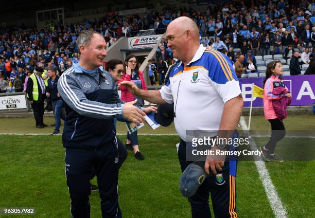 Laois , Ireland - 27 May 2018; Dublin manager Jim Gavin shakes hands with Wicklow manager John Evans, right, following the Leinster GAA Football...