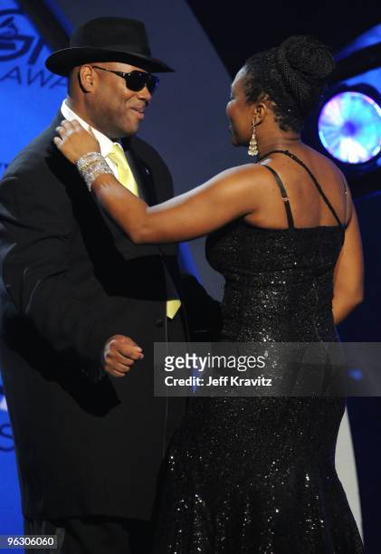 Producer Jimmy Jam and singer India.Arie speaks onstage during the 52nd Annual GRAMMY Awards pre-telecast held at Staples Center on January 31, 2010...