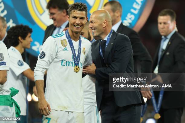 Cristiano Ronaldo and head coach manager Zinedine Zidane during the UEFA Champions League final between Real Madrid and Liverpool on May 26, 2018 in...