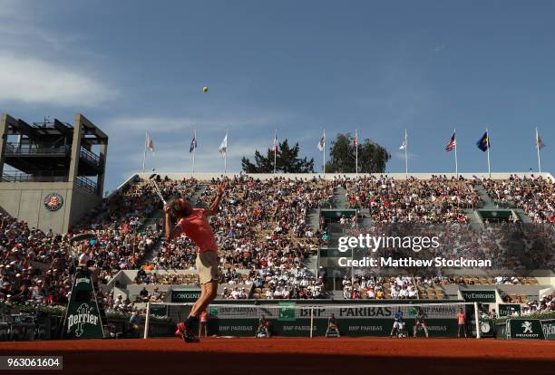 Alexander Zverev of Germany serves during his mens singles first round match against Ricardas Berankis of Lithuania during day one of the 2018 French...