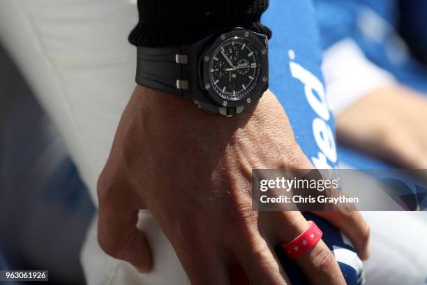 Detail view of the Audemars Piguet watch worn by Graham Rahal, driver of the United Rentals Honda as he prepares to drive during the 102nd Running of...