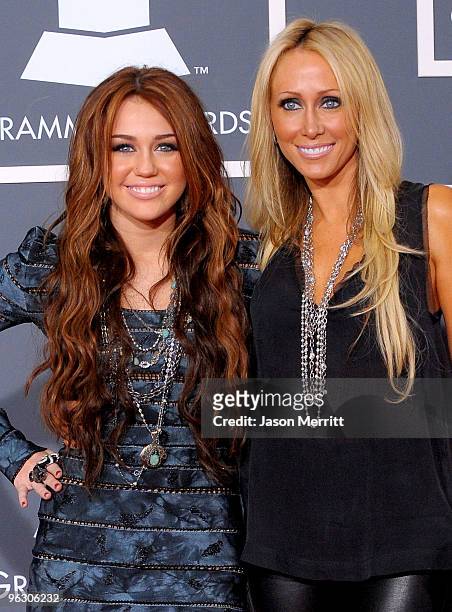 Miley Cyrus and her mother Tish Cyrus arrives at the 52nd Annual GRAMMY Awards held at Staples Center on January 31, 2010 in Los Angeles, California.