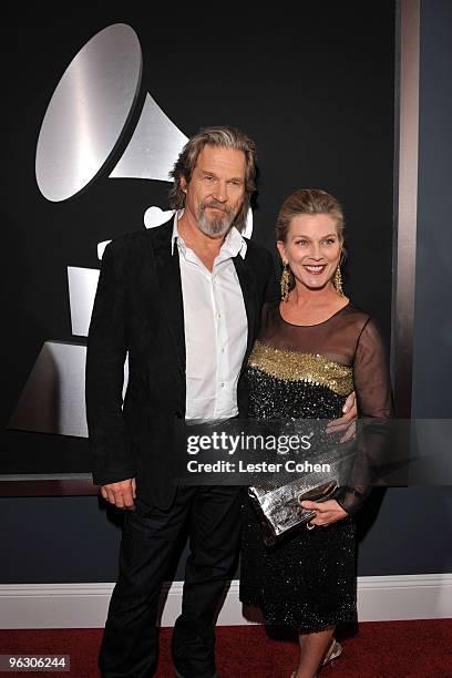 Actor Jeff Bridges and wife Susan Geston arrive at the 52nd Annual GRAMMY Awards held at Staples Center on January 31, 2010 in Los Angeles,...