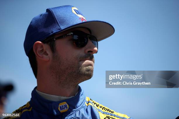 Alexander Rossi, driver of the NAPA Auto Parts Honda is introduced prior to the 102nd Running of the Indianapolis 500 at Indianapolis Motorspeedway...