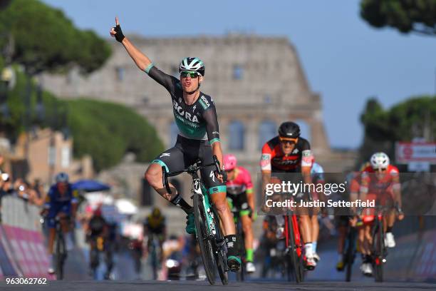 Arrival / Sam Bennett of Ireland and Team Bora-Hansgrohe / Celebration / Jean-Pierre Drucker of Luxembourg and BMC Racing Team / during the 101st...