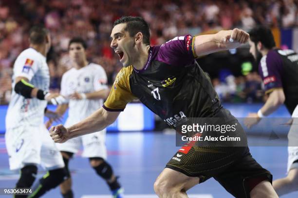 Kiril Lazarov of Nantes celebrates a goal during the EHF Champions League Final 4 Final match between Nantes HBC and Montpellier HB at Lanxess Arena...