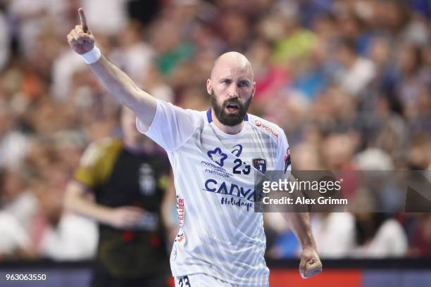 Vid Kavticnik of Montpellier celebrates a goal during the EHF Champions League Final 4 Final match between Nantes HBC and Montpellier HB at Lanxess...