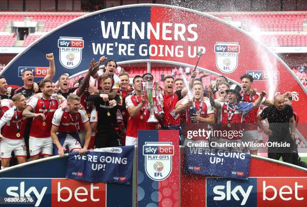 Rotherham United celebrate promotion with the trophy during the Sky Bet League One Play Off Semi Final:Second Leg between Rotherham United and...