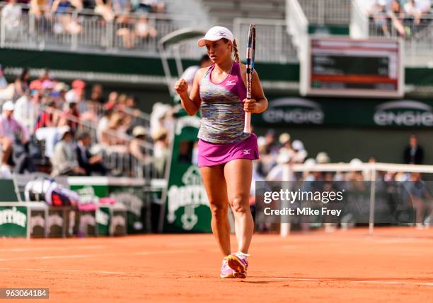 Yulia Putintseva of Kazakhstan celebrates against Johanna Konta of Great Britainn in the first round of the French Open at Roland Garros on May 27,...