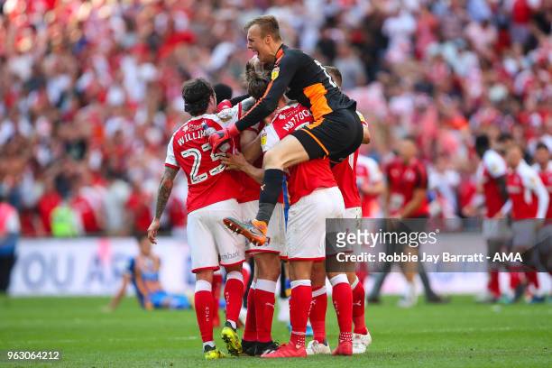 Rotherham United players celebrate during the Sky Bet League One Play Off Final between Rotherham United and Shrewsbury Town at Wembley Stadium on...
