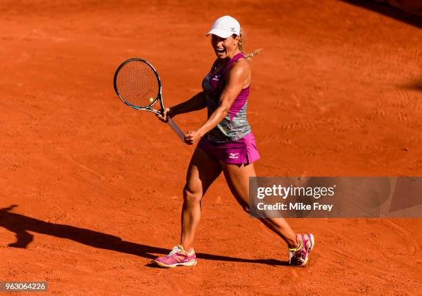 Yulia Putintseva of Kazakhstan celebrates after beating Johanna Konta of Great Britainn 6-4 6-3 in the first round of the French Open at Roland...
