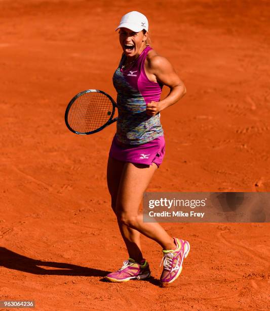 Yulia Putintseva of Kazakhstan celebrates after beating Johanna Konta of Great Britainn 6-4 6-3 in the first round of the French Open at Roland...