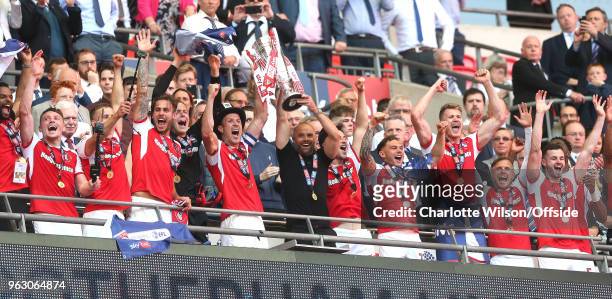 Rotherham United celebrate the promotion with the trophy during the Sky Bet League One Play Off Semi Final:Second Leg between Rotherham United and...
