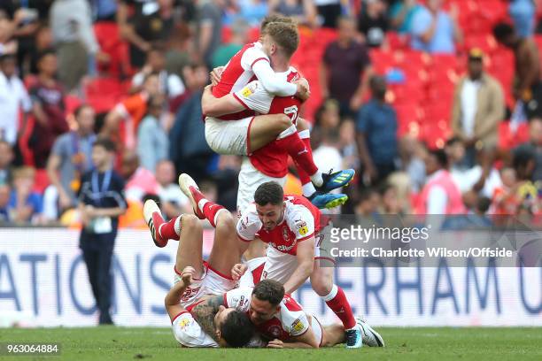 Rotherham United celebrate their win on the final whistle during the Sky Bet League One Play Off Semi Final:Second Leg between Rotherham United and...