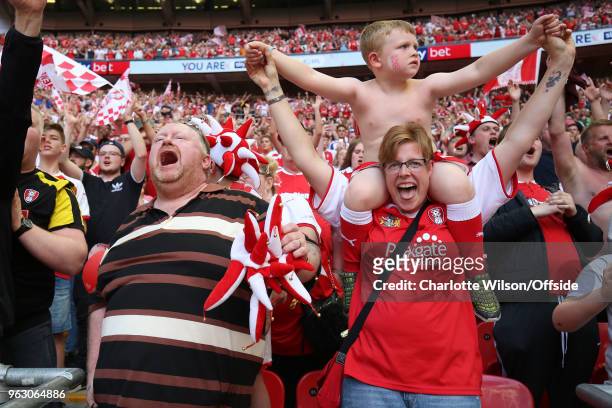 Rotherham United fans celebrate their promotion during the Sky Bet League One Play Off Semi Final:Second Leg between Rotherham United and Scunthorpe...
