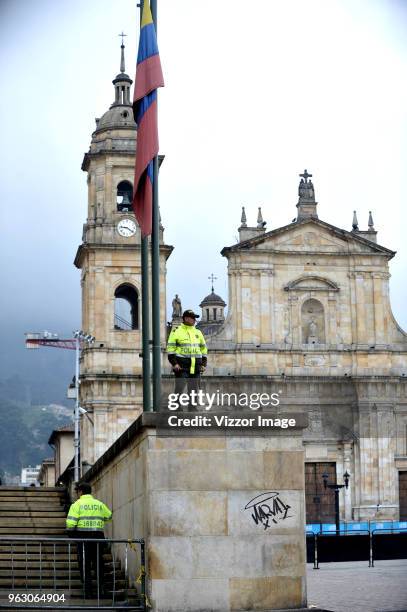 National Police stands at Bolivar Square during the 2018 Presidential Elections in Colombia on May 27, 2018 in Bogota, Colombia.