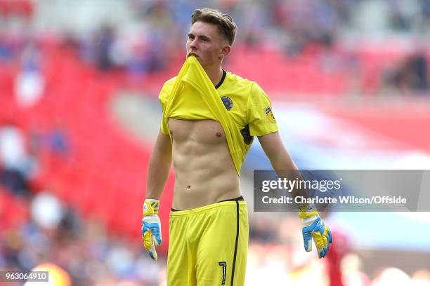 Dejected Shrewsbury goalkeeper Dean Henderson bites his shirt during the Sky Bet League One Play Off Semi Final:Second Leg between Rotherham United...