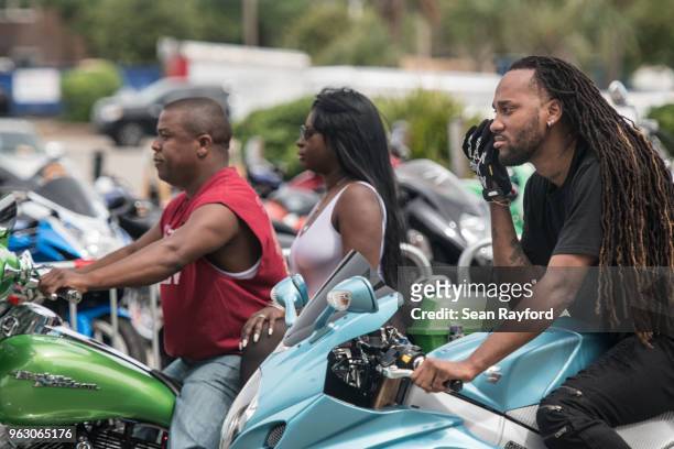 Motorcyclists sit in traffic on N. Ocean Blvd. On May 27, 2018 in Myrtle Beach, South Carolina. Also known as Atlantic Beach Bikefest and Black...