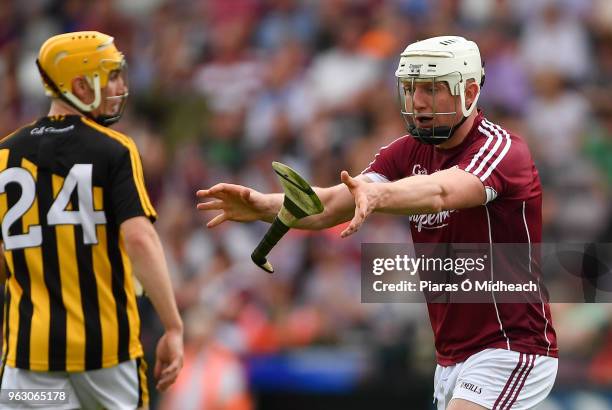 Galway , Ireland - 27 May 2018; Joe Canning of Galway indicates to officals that Bill Sheehan of Kilkenny dropped his hurley in the build up to...
