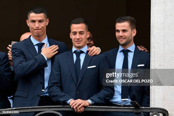 Real Madrid's Portuguese forward Cristiano Ronaldo, Real Madrid's Spanish midfielder Lucas Vazquez and Real Madrid's Spanish defender Nacho Fernandez...