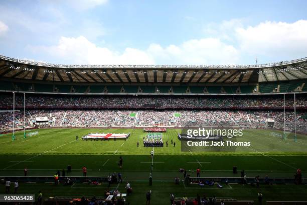 General view inside the stadium ahead of the Quilter Cup match between England and Barbarians at Twickenham Stadium on May 27, 2018 in London,...