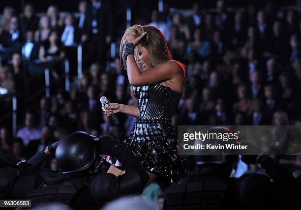 Singer Beyonce Knowles performs onstage during the 52nd Annual GRAMMY Awards held at Staples Center on January 31, 2010 in Los Angeles, California.