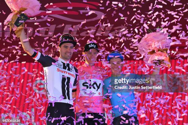 Podium / Tom Dumoulin of The Netherlands and Team Sunweb / Christopher Froome of Great Britain Pink Leader Jersey / Miguel Angel Lopez of Colombia...