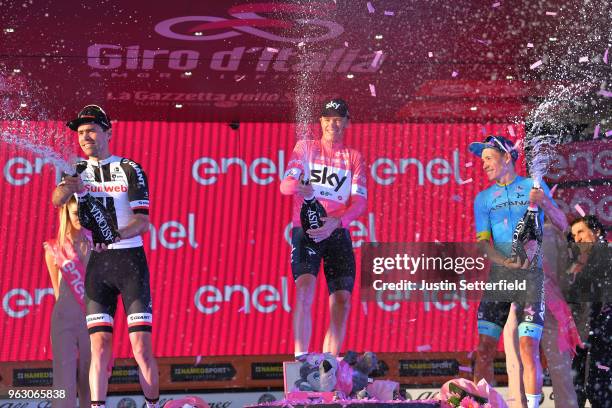 Podium / Tom Dumoulin of The Netherlands and Team Sunweb / Christopher Froome of Great Britain Pink Leader Jersey / Miguel Angel Lopez of Colombia...