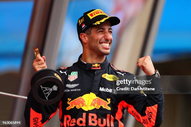 Race winner Daniel Ricciardo of Australia and Red Bull Racing celebrates on the podium during the Monaco Formula One Grand Prix at Circuit de Monaco...