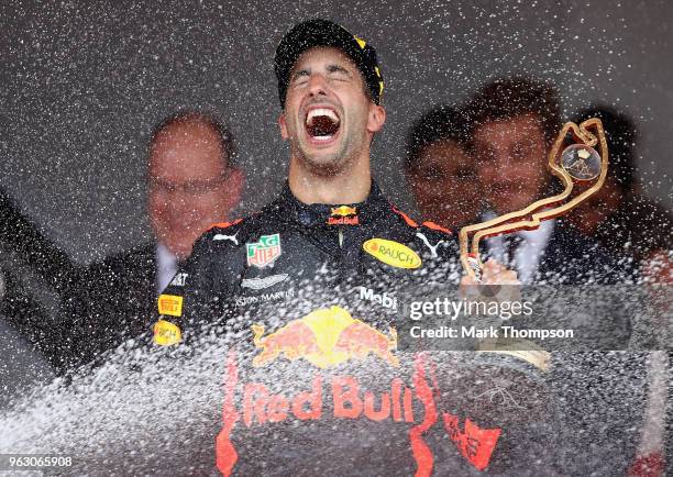 Race winner Daniel Ricciardo of Australia and Red Bull Racing celebrates on the podium during the Monaco Formula One Grand Prix at Circuit de Monaco...