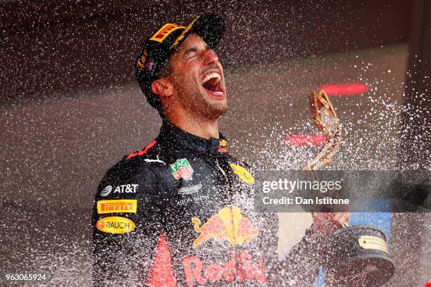 Race winner Daniel Ricciardo of Australia and Red Bull Racing celebrates on the podium during the Monaco Formula One Grand Prix at Circuit de Monaco...