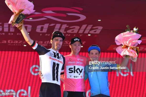 Podium / Tom Dumoulin of The Netherlands and Team Sunweb / Christopher Froome of Great Britain Pink Leader Jersey / Miguel Angel Lopez of Colombia...