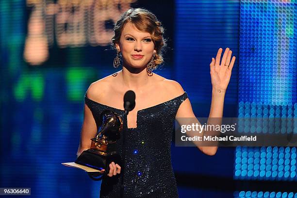Musician Taylor Swift receives an award onstage at the 52nd Annual GRAMMY Awards held at Staples Center on January 31, 2010 in Los Angeles,...