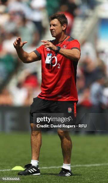 Scott Wisemantel, the England defence coach for the tour of South Africa looks on during the Quilter Cup match between England and the Barbarians at...
