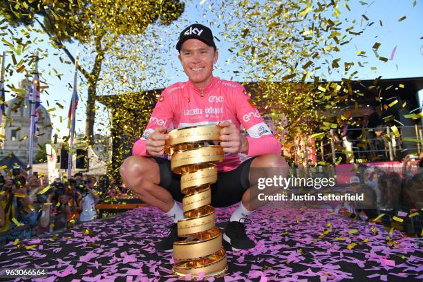 Podium / Christopher Froome of Great Britain Pink Leader Jersey / Celebration / Trophy / Trofeo Senza Fine / during the 101st Tour of Italy 2018,...