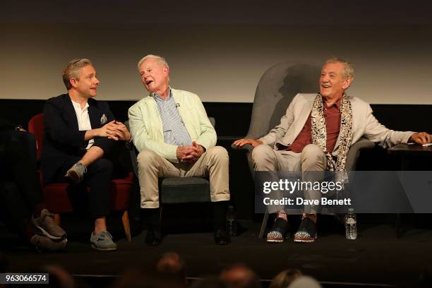 Martin Freeman, Derek Jacobi and Sir Ian McKellen attend a special screening of "McKellen: Playing the Part" at the BFI Southbank on May 27, 2018 in...