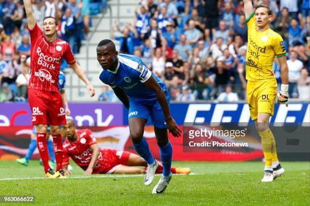 Ally Mbwana Samatta forward of KRC Genk scores and celebrates during the Jupiler Pro League Europa League Play-Off final match between KRC Genk and...