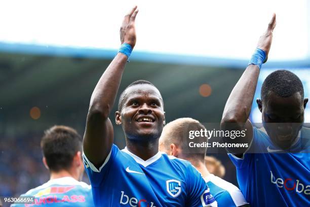 Ally Mbwana Samatta forward of KRC Genk scores and celebrates during the Jupiler Pro League Europa League Play-Off final match between KRC Genk and...