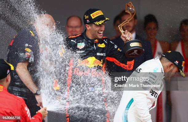 Race winner Daniel Ricciardo of Australia and Red Bull Racing celebrates on the podium during the Monaco Formula One Grand Prix at Circuit de Monaco...