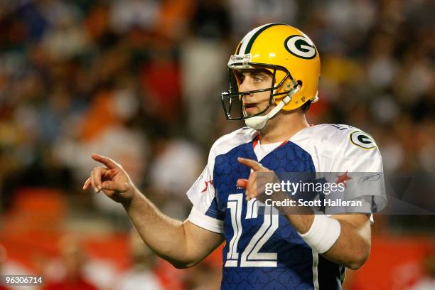 Aaron Rodgers of the Green Bay Packers looks on during the 2010 AFC-NFC Pro Bowl at Sun Life Stadium on January 31, 2010 in Miami Gardens, Florida.