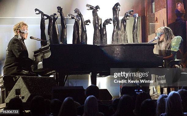 Musicians Elton John and Lady Gaga perform onstage during the 52nd Annual GRAMMY Awards held at Staples Center on January 31, 2010 in Los Angeles,...