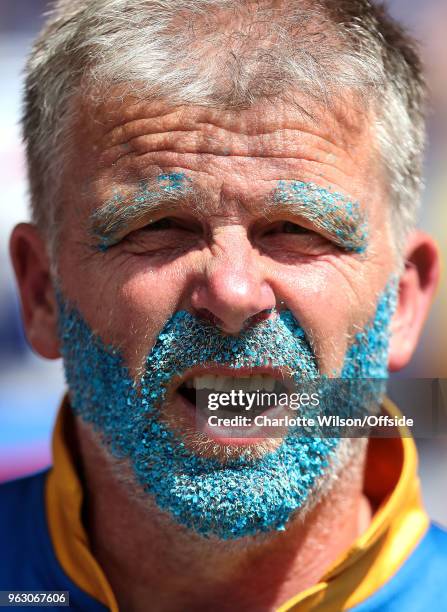 Shrewsbury fan with blue glitter in his eyebrows and beard during the Sky Bet League One Play Off Semi Final:Second Leg between Rotherham United and...