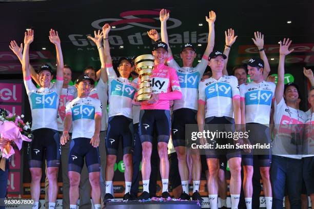 Podium / Christopher Froome of Great Britain Pink Leader Jersey / David de la Cruz of Spain / Kenny Elissonde of France / Sergio Luis Henao Montoya...