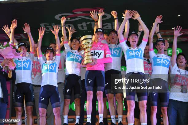 Podium / Christopher Froome of Great Britain Pink Leader Jersey / David de la Cruz of Spain / Kenny Elissonde of France / Sergio Luis Henao Montoya...