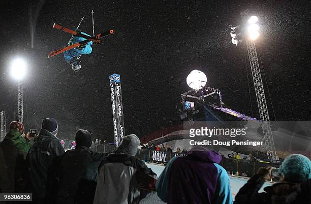 Simon Dumont of Bethel, Maine soars above the crowd during the Men's Skiing Superpipe at Winter X Games 14 at Buttermilk Mountain on January 31, 2010...