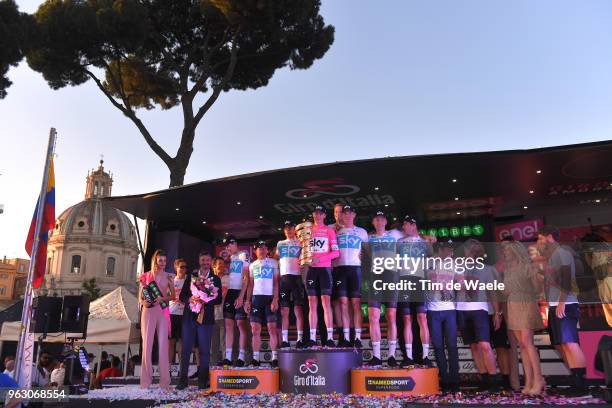 Podium / Christopher Froome of Great Britain Pink Leader Jersey / David de la Cruz of Spain / Kenny Elissonde of France / Sergio Luis Henao Montoya...